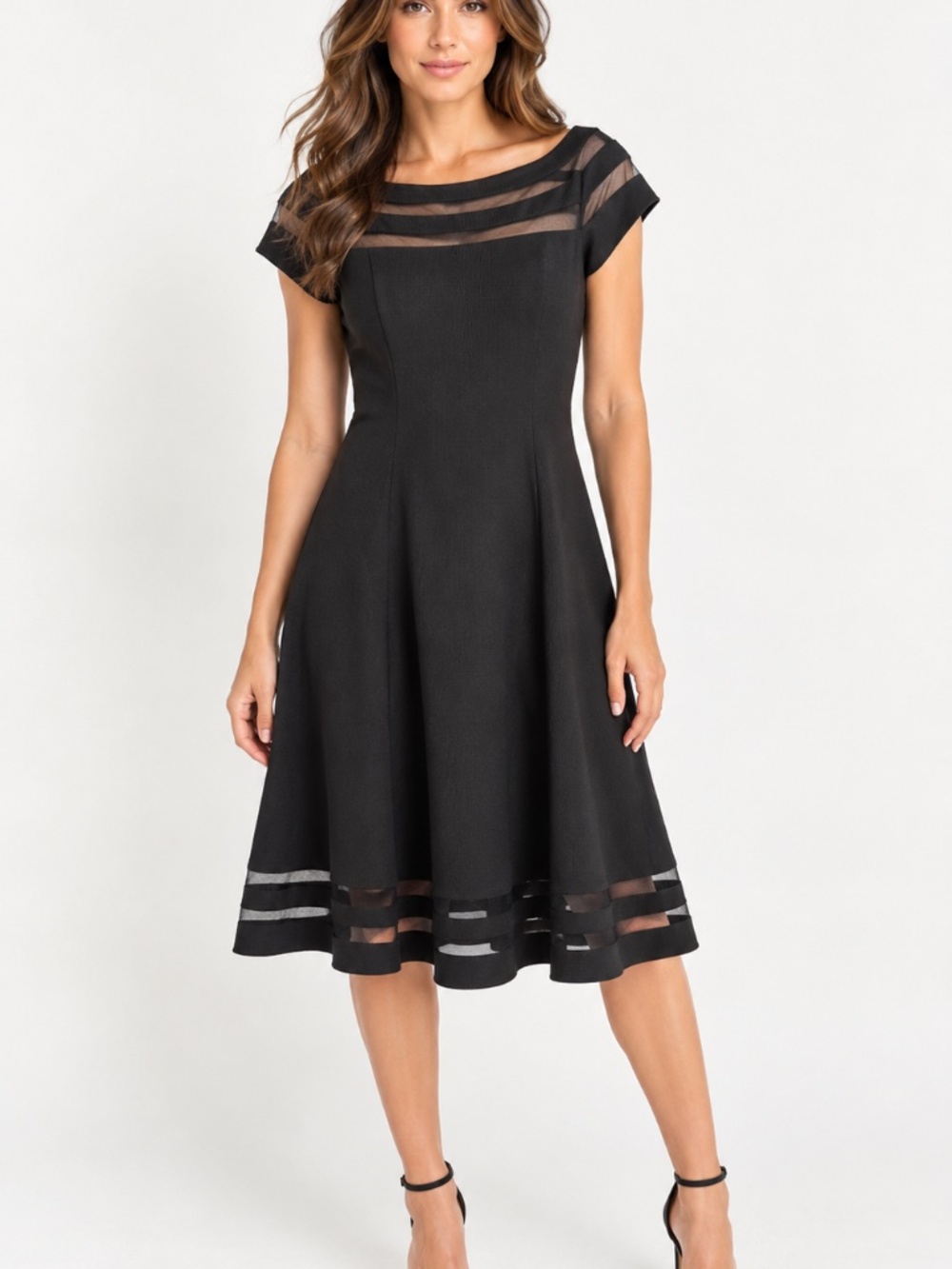 Black Flare Dress Illusion Mesh Neck Cap Sleeve Size 10 White House Black Market